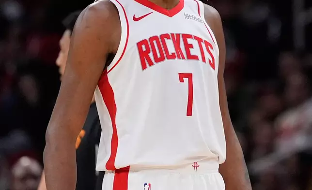 Houston Rockets forward Kevin Durant celebrates during the first half of an NBA basketball game against the Phoenix Suns in Houston, Friday, Dec. 5, 2025. (AP Photo/Ashley Landis)