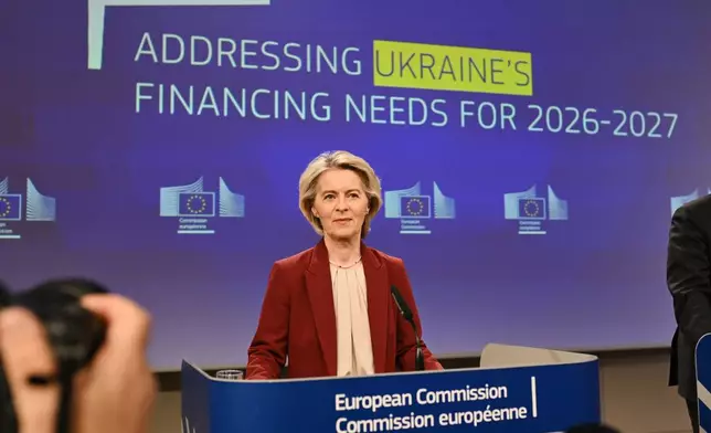European Commission President Ursula von der Leyen addresses a media conference regarding Ukraine's financing needs for 2026-2027 at EU headquarters in Brussels, Wednesday, Dec. 3, 2025. (AP Photo/Harry Nakos)