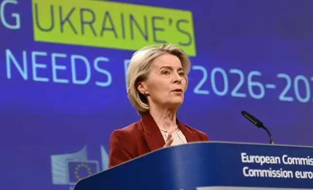 European Commission President Ursula von der Leyen speaks during a media conference regarding Ukraine's financing needs for 2026-2027 at EU headquarters in Brussels, Wednesday, Dec. 3, 2025. (AP Photo/Harry Nakos)
