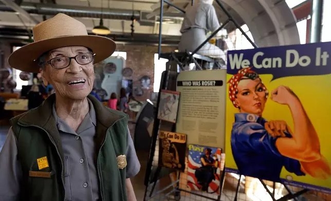 FILE - National Park Service Ranger Betty Reid Soskin works at the Rosie the Riveter World War II Home Front National Historical Park in Richmond, Calif., July 12, 2016. (AP Photo/Ben Margot, file)