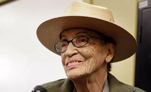 FILE - National Park Service Ranger Betty Reid Soskin smiles during an interview at the Rosie the Riveter World War II Home Front National Historical Park in Richmond, Calif., July 12, 2016. (AP Photo/Ben Margot, File)