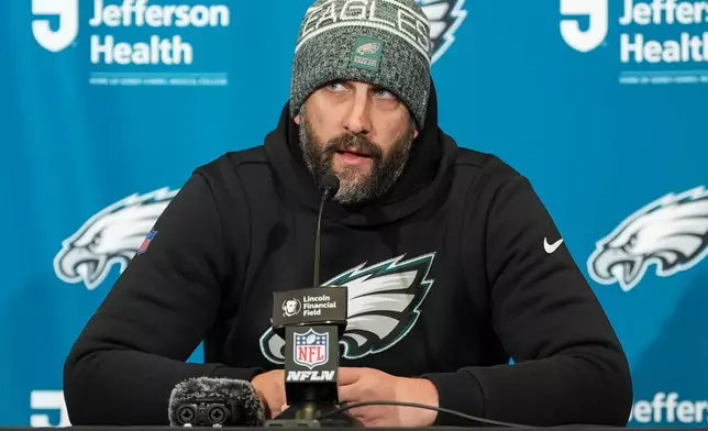 Philadelphia Eagles head coach Nick Sirianni speaks after his team's loss to the Chicago Bears in an NFL football game, Friday, Nov. 28, 2025, in Philadelphia. (AP Photo/Matt Slocum)