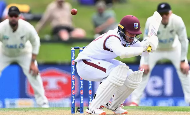 West Indies' batsman Tagenarine Chanderpaul ducks a bouncer during their cricket test match against New Zealand in Christchurch, New Zealand, Wednesday, Dec. 3, 2025. (Andrew Cornaga/Photosport via AP)