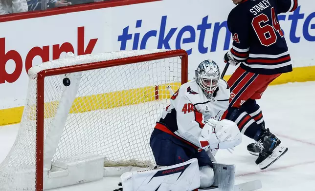 Winnipeg Jets' Logan Stanley (64) scores on Washington Capitals goaltender Logan Thompson (48) during the first period of an NHL game in Winnipeg on Saturday, Dec. 13, 2025. (John Woods/The Canadian Press via AP)