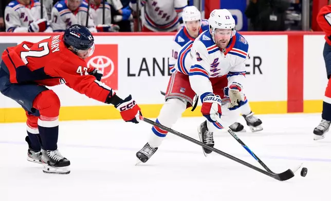New York Rangers left wing Alexis Lafrenière (13) battles for the puck against Washington Capitals defenseman Martin Fehérváry (42) during the second period of an NHL hockey game, Tuesday, Dec. 23, 2025, in Washington. (AP Photo/Nick Wass)