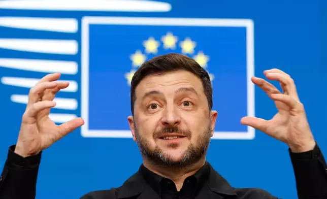 Ukraine's President Volodymyr Zelenskyy speaks during a media conference at the EU Summit in Brussels, Thursday, Dec. 18, 2025. (AP Photo/Geert Vanden Wijngaert)