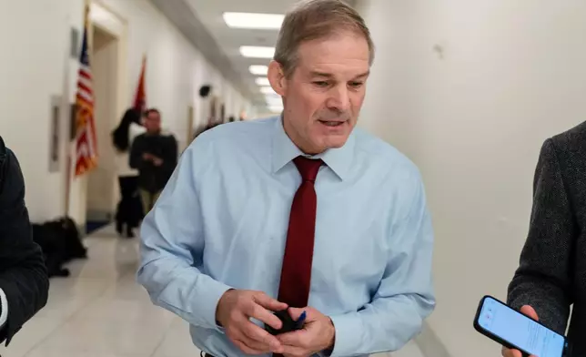 House Judiciary Committee Chair Jim Jordan talks to reporters during a break as house members question former Department of Justice Special Counsel Jack Smith in a closed-door interview at Capitol Hill, Wednesday, Dec. 17, 2025, in Washington. (AP Photo/Jose Luis Magana)
