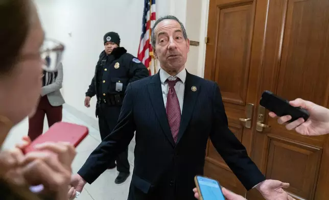 Ranking Member of the House Judiciary Committee Rep. Jamie Raskin, D-Md., talks to reporters during a break as house members question former Department of Justice Special Counsel Jack Smith in a closed-door interview at Capitol Hill, Wednesday, Dec. 17, 2025, in Washington. (AP Photo/Jose Luis Magana)