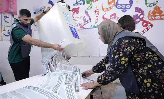 FILE - Election workers count ballots as they close a polling station, during the parliamentary elections in Baghdad, Iraq, Nov. 11, 2025. (AP Photo/Hadi Mizban, File)