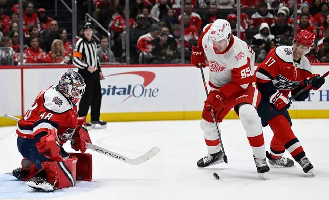 Detroit Red Wings left wing Elmer Soderblom (85) moves past Washington Capitals center Dylan Strome (17) to score a goal against Washington Capitals goaltender Logan Thompson during the second period of an NHL hockey game, Saturday, Dec. 20, 2025, in Washington. (AP Photo/John McDonnell)