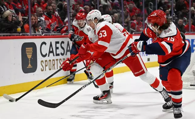 Detroit Red Wings defenseman Moritz Seider (53) gathers the puck near the net against Washington Capitals left wing Sonny Milano during the first period of an NHL hockey game,Saturday, Dec. 20, 2025, in Washington. (AP Photo/John McDonnell)