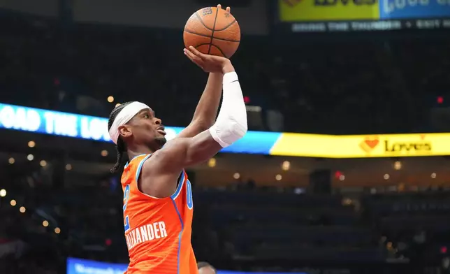 Oklahoma City Thunder guard Shai Gilgeous-Alexander shoots during the second half of an NBA Cup basketball game against the Oklahoma City Thunder, Wednesday, Dec. 10, 2025, in Oklahoma City. (AP Photo/Kyle Phillips)