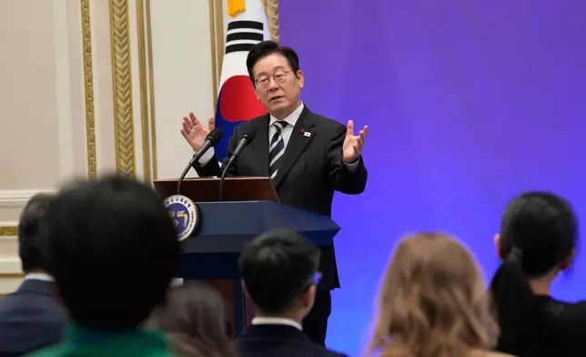 South Korean President Lee Jae Myung speaks during a news conference to mark the first anniversary of the Dec. 3 martial law crisis at the Blue House in Seoul, South Korea, Wednesday, Dec. 3, 2025. (AP Photo/Ahn Young-joon)