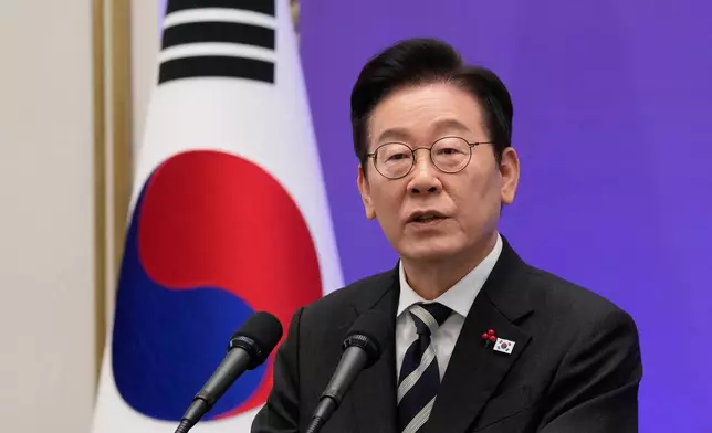 South Korean President Lee Jae Myung speaks during a news conference to mark the first anniversary of the Dec. 3 martial law crisis at the Blue House in Seoul, South Korea, Wednesday, Dec. 3, 2025. (AP Photo/Ahn Young-joon)