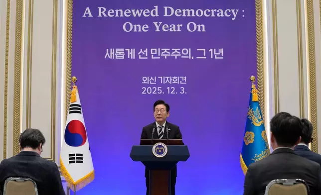 South Korean President Lee Jae Myung speaks during a news conference to mark the first anniversary of the Dec. 3 martial law crisis at the Blue House in Seoul, South Korea, Wednesday, Dec. 3, 2025. (AP Photo/Ahn Young-joon)