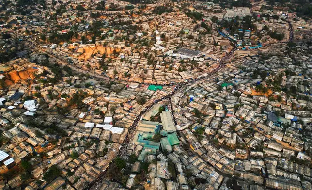 An aerial view of a Rohingya refugee camp in Cox's Bazar, Bangladesh, March 13, 2025. (AP Photo/Mahmud Hossain Opu, File)