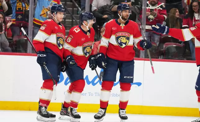 Florida Panthers center Sam Reinhart (13) reacts after scoring a goal during the second period of an NHL hockey game against the Toronto Maple Leafs, Tuesday, Dec. 2, 2025, in Sunrise, Fla. (AP Photo/Lynne Sladky)