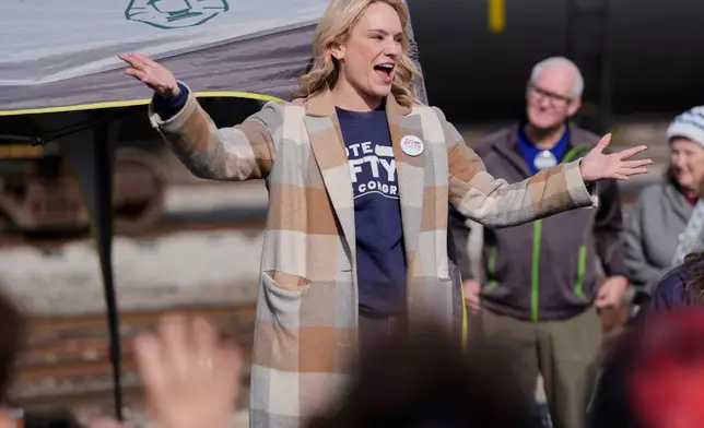 Democratic congressional candidate and state Rep. Aftyn Behn, D-Nashville, speaks to supporters during a campaign event in the special election for the seventh district Saturday, Nov. 29, 2025, in Nashville, Tenn. (AP Photo/George Walker IV)