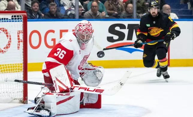 Detroit Red Wings goaltender John Gibson (36) and Vancouver Canucks' Conor Garland (8) watch the puck during the third period of an NHL hockey game in Vancouver, B.C., Monday, Dec. 8, 2025. (Ethan Cairns/The Canadian Press via AP)