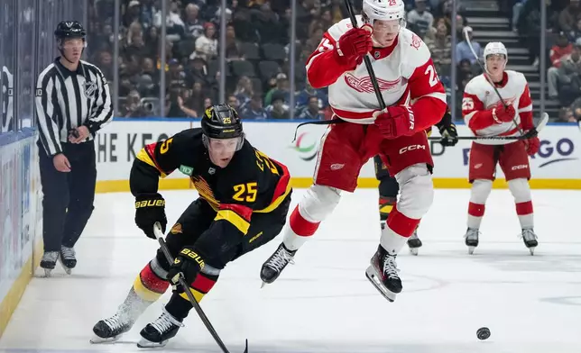 Detroit Red Wings' Nate Danielson (29) jumps to avoid Vancouver Canucks' Elias Pettersson (25) as they vie for the puck during first period NHL hockey action in Vancouver, B.C., Monday, Dec. 8, 2025. (Ethan Cairns/The Canadian Press via AP)