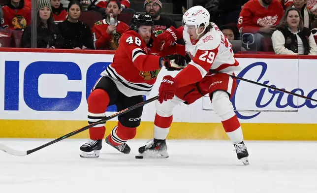 Chicago Blackhawks defenseman Matt Grzelcyk (48) and Detroit Red Wings center Nate Danielson (29) chase the puck during the first period of an NHL hockey, Saturday, Dec. 13, 2025, in Chicago. (AP Photo/Matt Marton)