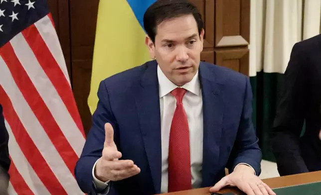 Secretary of State Marco Rubio speaks during a meeting with Ukrainian officials Sunday, Nov. 30, 2025, in Hallandale Beach, Fla. (AP Photo/Terry Renna)