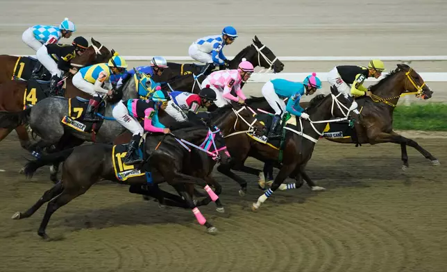 Jockeys race during the 56th Jockey Challenge at the Rinconada racetrack in Caracas, Venezuela, Sunday, Dec. 14, 2025. (AP Photo/Arian Cubillos)