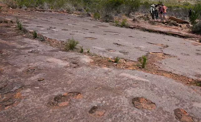 Tourists look at the petrified footprints of dinosaurs at Carreras Pampa in Toro Toro National Park, north of Potosi, Bolivia, Saturday, Dec. 6, 2025. (AP Photo/Juan Karita)