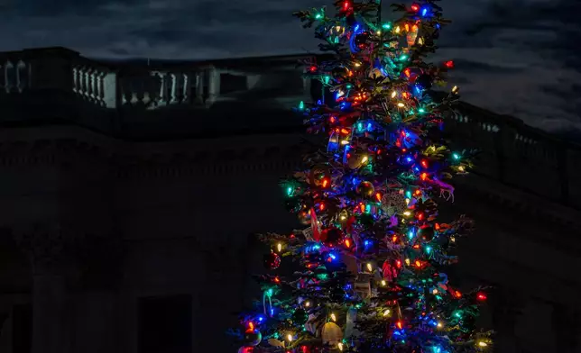 The last super moon of the year, the "Cold Supermoon," rises behind the U.S. Capitol Christmas Tree, Thursday, Dec. 4, 2025, in Washington. (AP Photo/Alex Brandon)