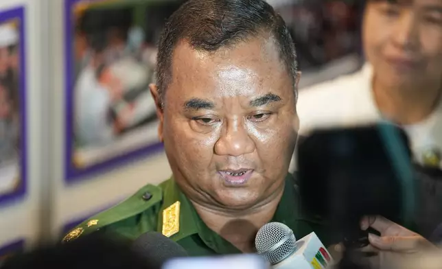 Major Gen. Zaw Min Tun, leader of the military information team, speaks after press briefing on national level efforts to completely eliminate online scams and dismantle their networks at the root, Sunday, Dec. 14, 2025, in Yangon, Myanmar. (AP Photo/Thein Zaw)