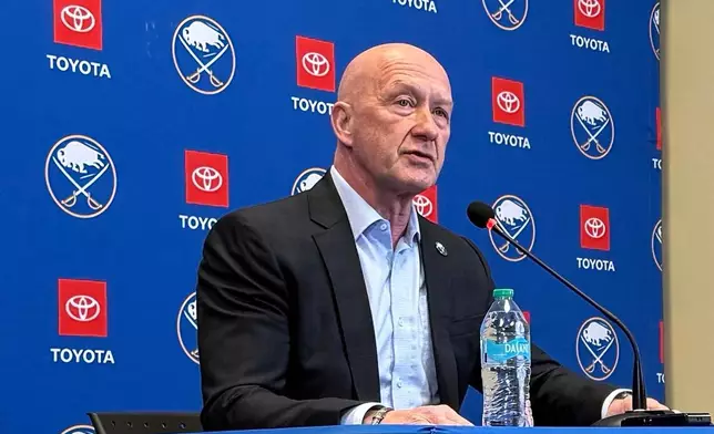 Buffalo Sabres new general manager Jarmo Kekalainen addresses the media during an NHL hockey news conference Tuesday, Dec. 16, 2025, in in Buffalo, N.Y. (AP Photo/John Wawrow)