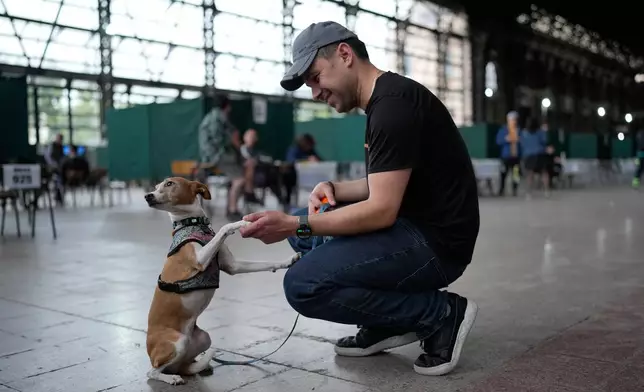 Richard Ferreira, a Venezuelan residing in Chile, waits for polls to open during the presidential runoff election in Santiago, Sunday, Dec. 14, 2025. (AP Photo/Natacha Pisarenko)