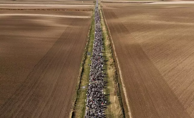 An aerial view of students marching through the fields in northern Serbia, as they go to Novi Sad for a huge rally on Nov. 1 marking the first anniversary of a train station disaster that killed 16 people, in Indjija, Serbia, Oct. 31, 2025. (AP Photo/Armin Durgut, File)