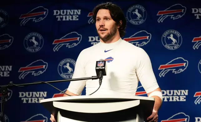 Buffalo Bills quarterback Josh Allen speaks at a news conference after an NFL football game against the New England Patriots in Foxborough, Mass., Sunday, Dec. 14, 2025. (AP Photo/Robert F. Bukaty)