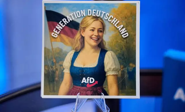 FILE - Stickers are offered at the re-founding of the AfD youth organization in Giessen, Germany, early Saturday, Nov. 29, 2025. (AP Photo/Martin Meissner, File)
