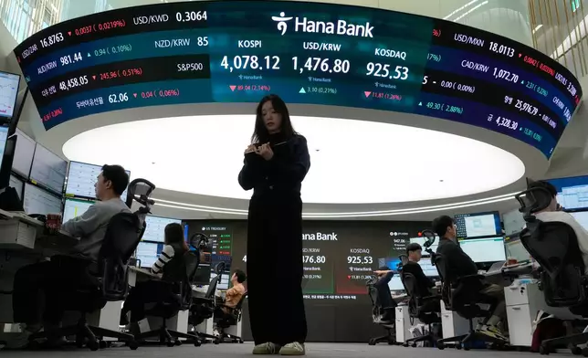 A currency trader works near a screen showing the Korea Composite Stock Price Index (KOSPI), top center left, and the foreign exchange rate between U.S. dollar and South Korean won, top center, at the foreign exchange dealing room of the Hana Bank headquarters in Seoul, South Korea, Monday, Dec. 15, 2025. (AP Photo/Ahn Young-joon)