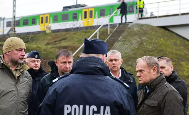 FILE - Polish Prime Minister Donald Tusk, right, visits the sabotaged rail line near Mika, Poland, Nov. 17, 2025. (AP Photo/KPRM, File)