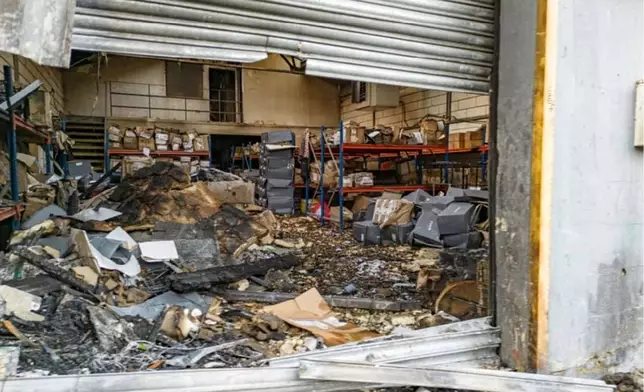 FILE - This 2024 handout photo provided by the Metropolitan Police shows damage to a warehouse in east London that was storing goods for Ukraine, after a fire that prosecutors said was organized on behalf of Russia's intelligence services. (London Metropolitan Police via AP, File)