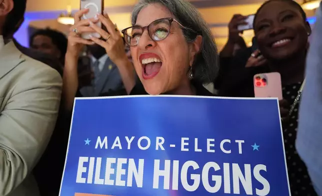 Miami-Dade County Mayor Daniella Levine Cava reacts at a watch party for Miami mayor-elect Eileen Higgins after Higgins won the Miami mayoral runoff election, Tuesday, Dec. 9, 2025, in Miami. (AP Photo/Lynne Sladky)