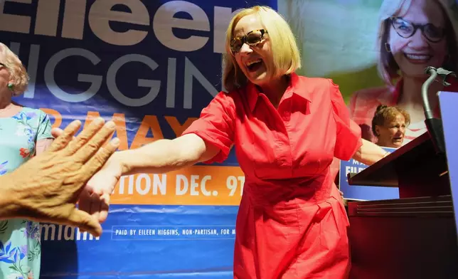 Miami mayor-elect Eileen Higgins celebrates at a watch party after winning the Miami mayoral runoff election, Tuesday, Dec. 9, 2025, in Miami. (AP Photo/Lynne Sladky)