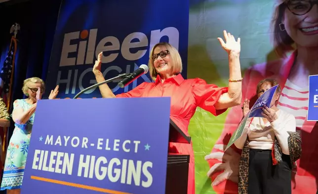 Miami mayor-elect Eileen Higgins celebrates at a watch party after winning the Miami mayoral runoff election, Tuesday, Dec. 9, 2025, in Miami. (AP Photo/Lynne Sladky)