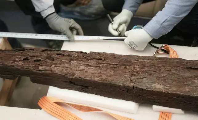 Archeologists measure an ancient wooden block as they prepare to reassemble the second solar boat of King Khufu, at the Grand Egyptian Museum in Giza, Egypt, Tuesday, Dec. 23, 2025. (AP Photo/Amr Nabil)