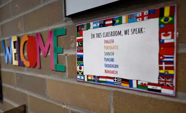 A sign posted outside Kindergarten teacher Christin Labriola's classroom shows the diverse population of her students at Webster Hill Elementary School in West Hartford, Conn., on Dec. 2, 2025. (AP Photo/Jessica Hill)
