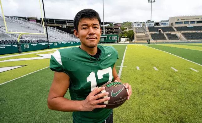 Hawaii place kicker Kansei Matsuzawa, of Japan, poses for a portrait at Clarence T.C. Ching Athletics Complex, Tuesday, Dec. 16, 2025, in Honolulu. (AP Photo/Mengshin Lin)