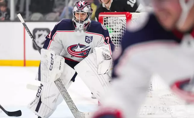 Columbus Blue Jackets goaltender Jet Greaves (73) guards his net during the second period of an NHL hockey game against the Los Angeles Kings Monday, Dec. 22, 2025, in Los Angeles. (AP Photo/Jae C. Hong)