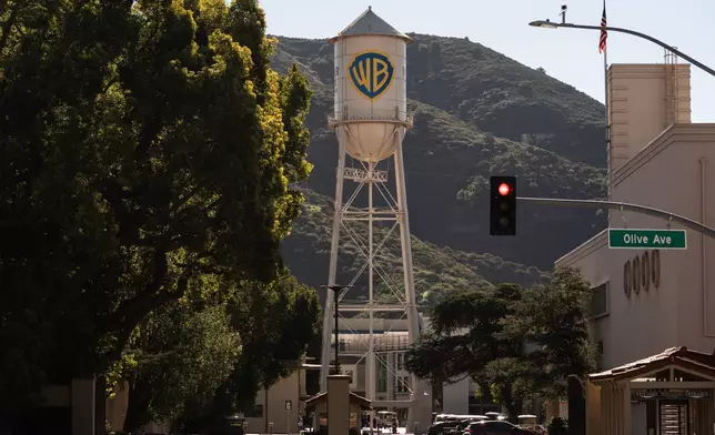 The Warner Bros. water tower is seen at Warner Bros. Studios in Burbank, Calif., Friday, Dec. 5, 2025. (AP Photo/Jae C. Hong)