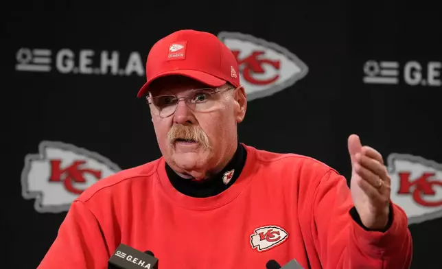 Kansas City Chiefs head coach Andy Reid speaks during a news conference following an NFL football game against the Los Angeles Chargers Sunday, Dec. 14, 2025, in Kansas City, Mo. (AP Photo/Charlie Riedel)