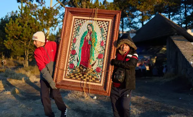 Pilgrims carry a framed image of the Virgin of Guadalupe in Paso de Cortes, Mexico, on their way to Mexico City, Wednesday, Dec. 10, 2025, as millions prepare to flock to the capital for her Dec. 12 feast day. (AP Photo/Claudia Rosel)