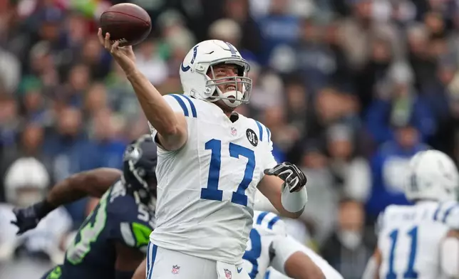 Indianapolis Colts quarterback Philip Rivers (17) throws during the first half of an NFL football game against the Seattle Seahawks, Sunday, Dec. 14, 2025, in Seattle. (AP Photo/Lindsey Wasson)