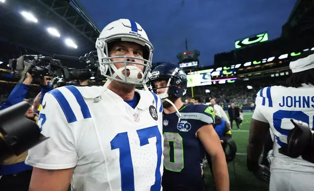 Indianapolis Colts quarterback Philip Rivers looks on after an NFL football game against the Seattle Seahawks, Sunday, Dec. 14, 2025, in Seattle. (AP Photo/Lindsey Wasson)